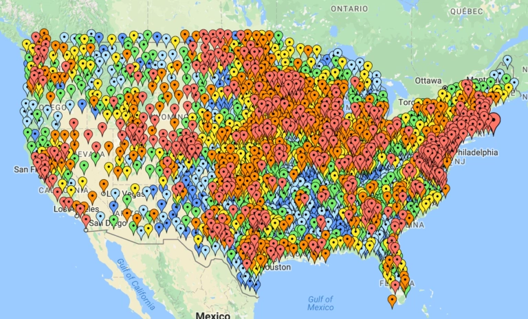 A map of the United States covered in thousands of overlapping pin markers