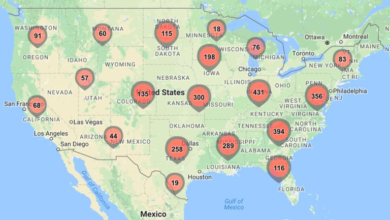 The same map with the markers merged into clusters labelled with the number of markers they contain