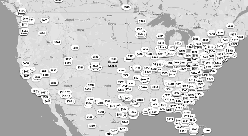 A map of the United States where rental price tooltips are drawn on top of each other and become unreadable