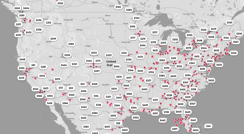 A map of the United States where rental price tooltips and pins are laid out without any overlap